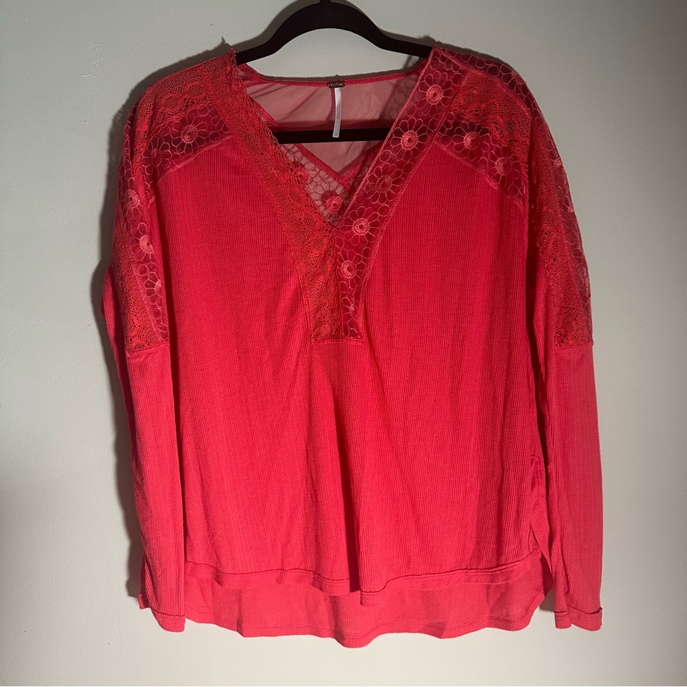 Free People Lola Lace Trim Rose Crimson Top